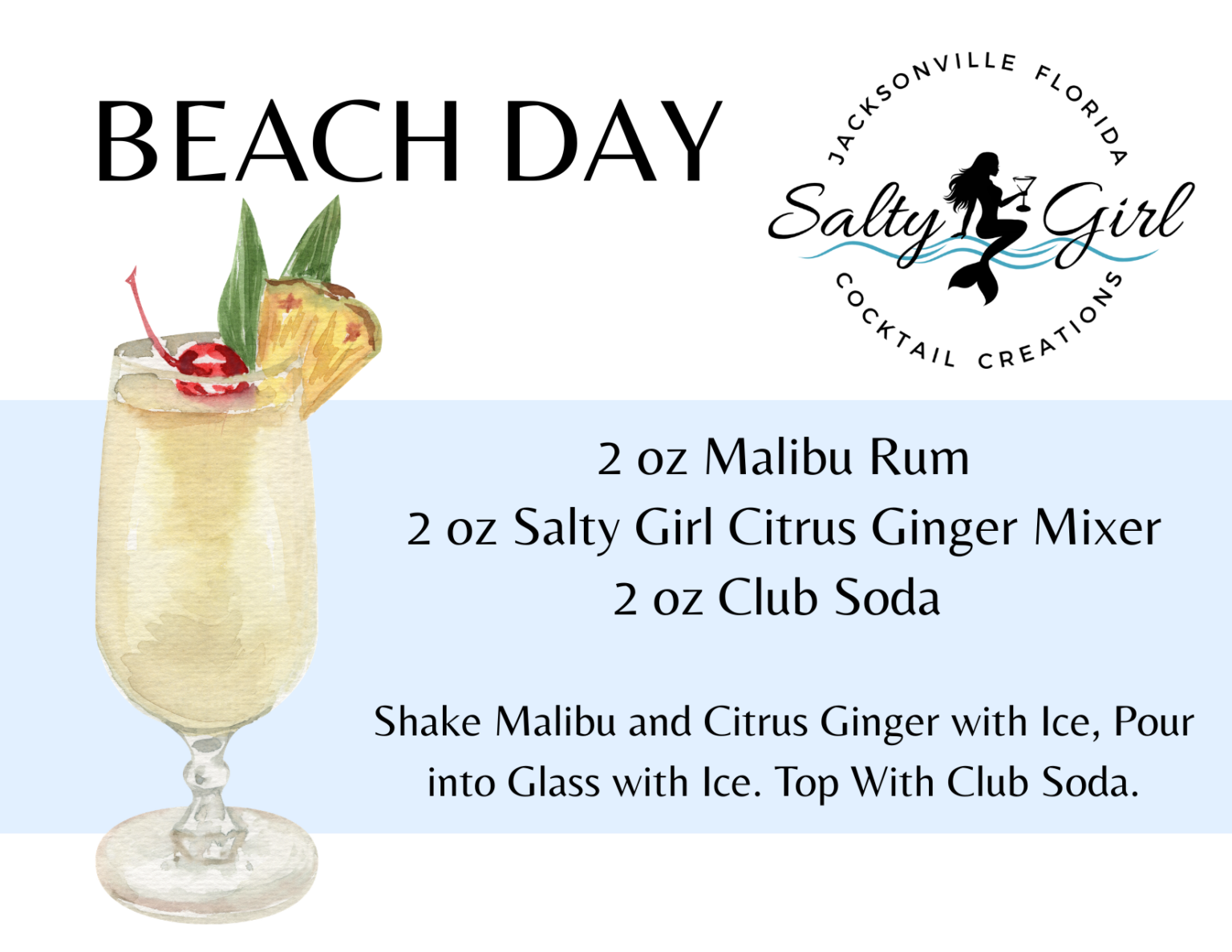 Beach Day cocktail recipe card – Malibu rum, Salty Girl Citrus Ginger Mixer, club soda