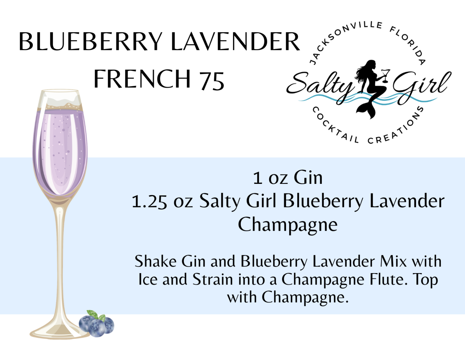 Blueberry Lavender French 75 recipe card – gin, Salty Girl Blueberry Lavender mixer, champagne