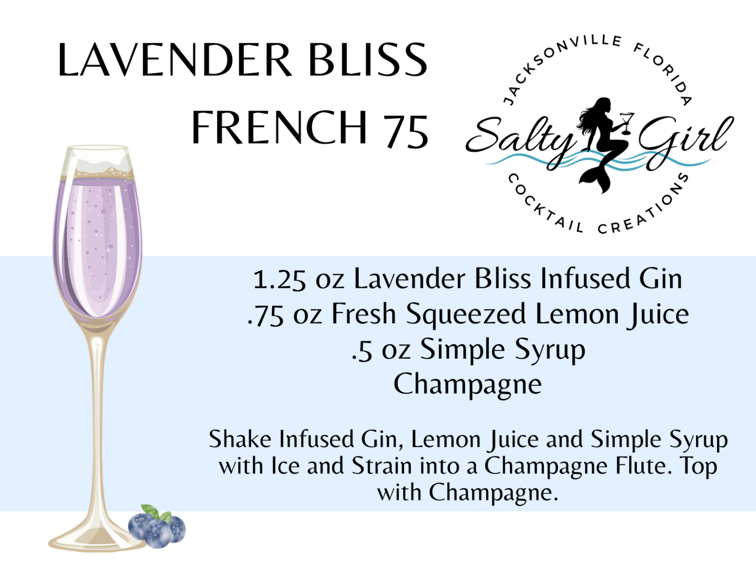 Lavender Bliss French 75 recipe card – Lavender Bliss infused gin, lemon juice, simple syrup, champagne