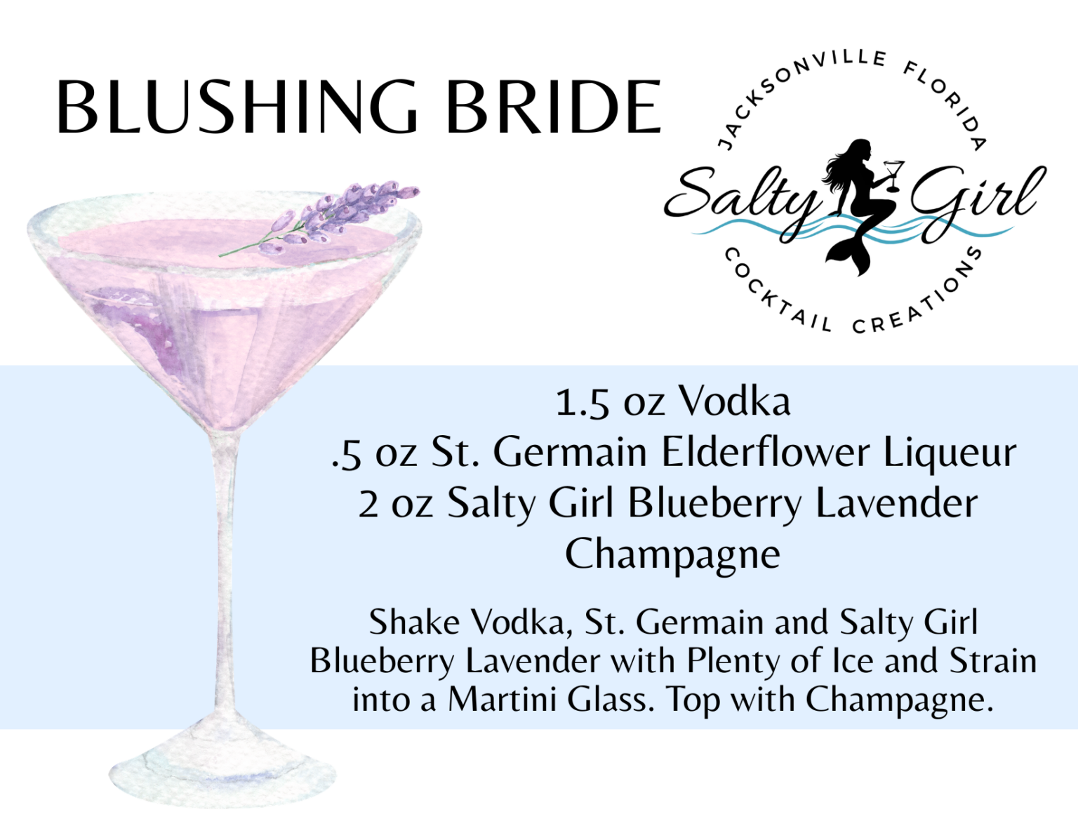 Blushing Bride cocktail recipe card – vodka, St. Germain elderflower liqueur, Salty Girl Blueberry Lavender mixer, champagne