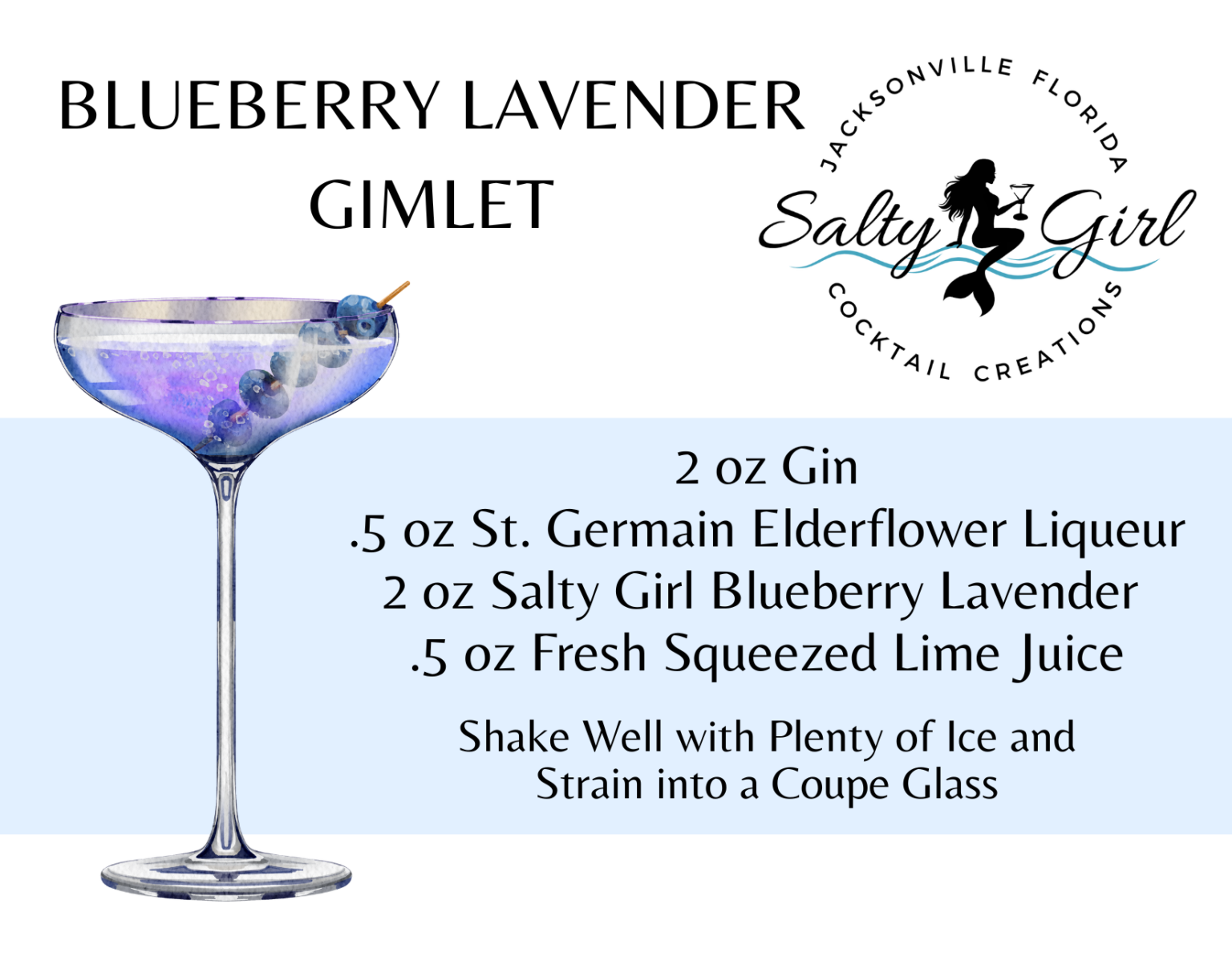 Blueberry Lavender Gimlet recipe card – gin, St. Germain elderflower liqueur, Salty Girl Blueberry Lavender mixer, lime