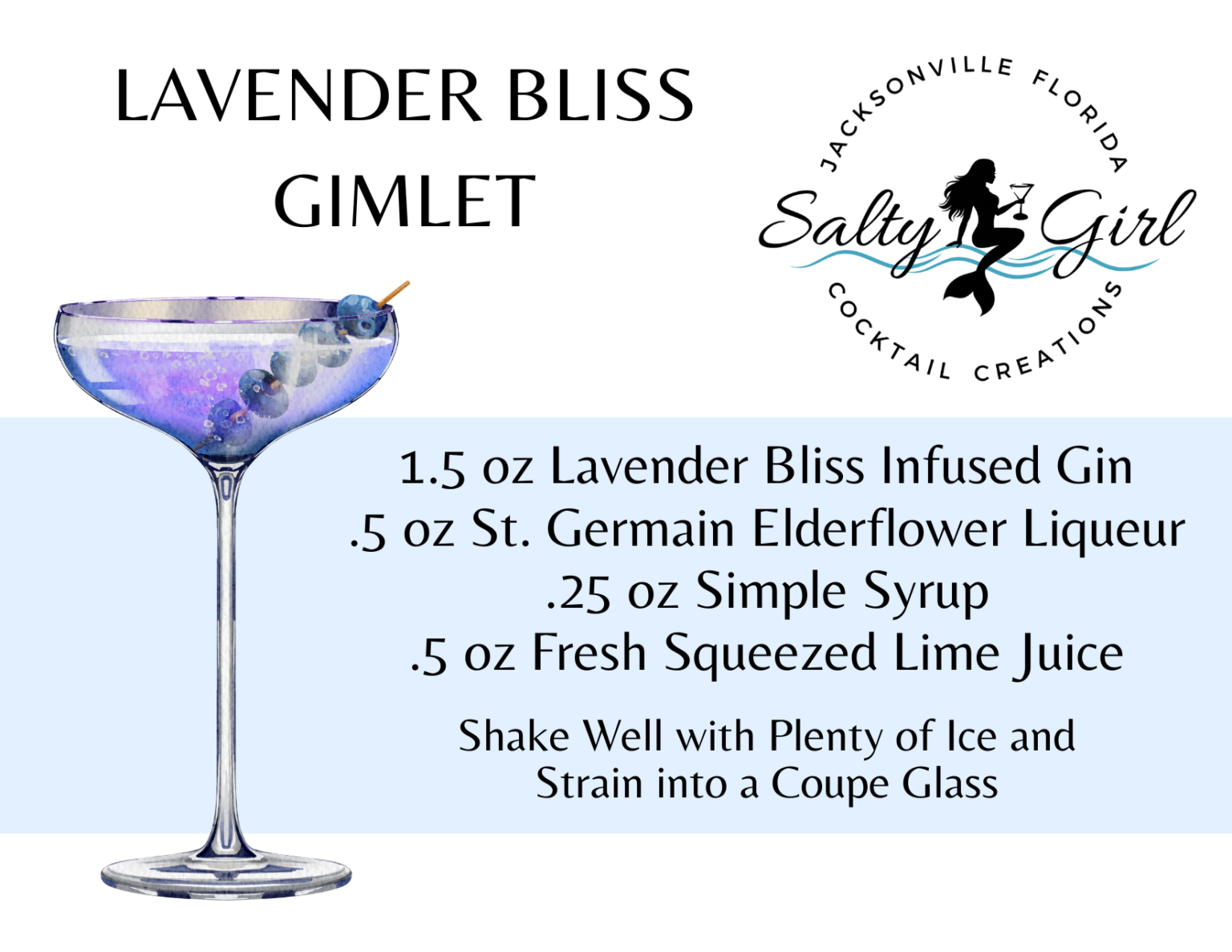 Lavender Bliss Gimlet recipe card – Lavender Bliss infused gin, St. Germain elderflower liqueur, simple syrup, lime