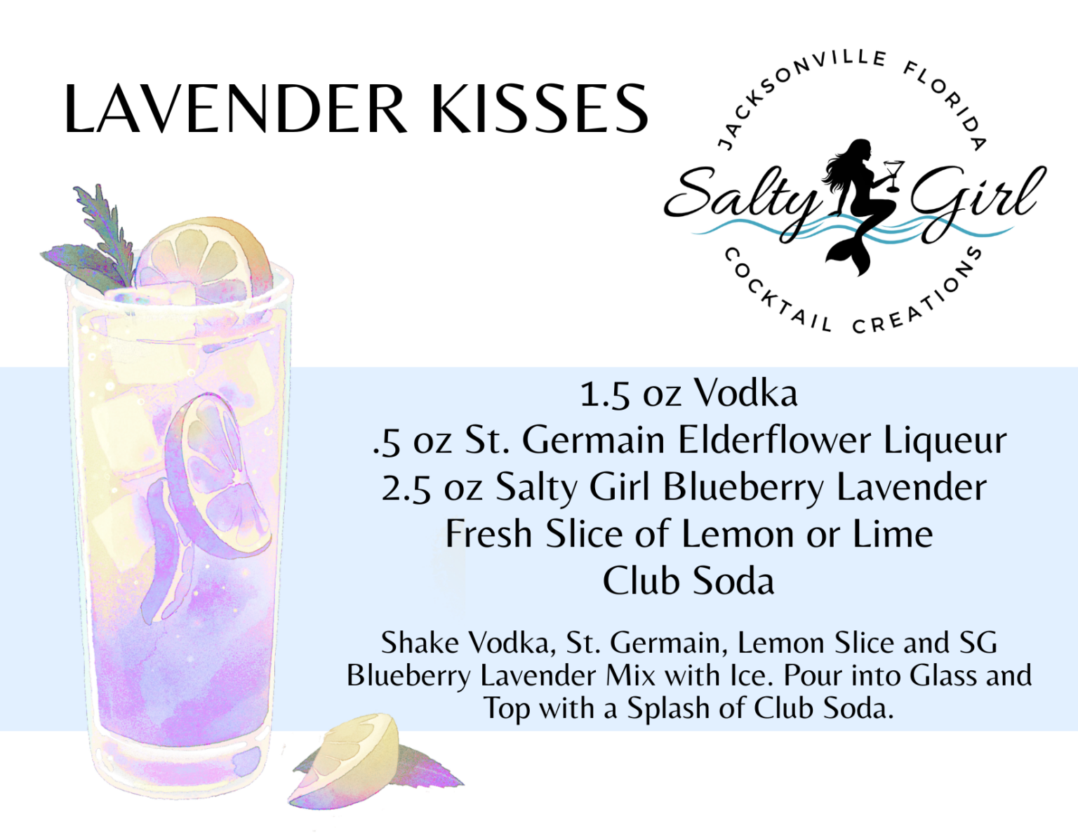 Lavender Kisses cocktail recipe card – vodka, St. Germain elderflower liqueur, Salty Girl Blueberry Lavender mixer, club soda