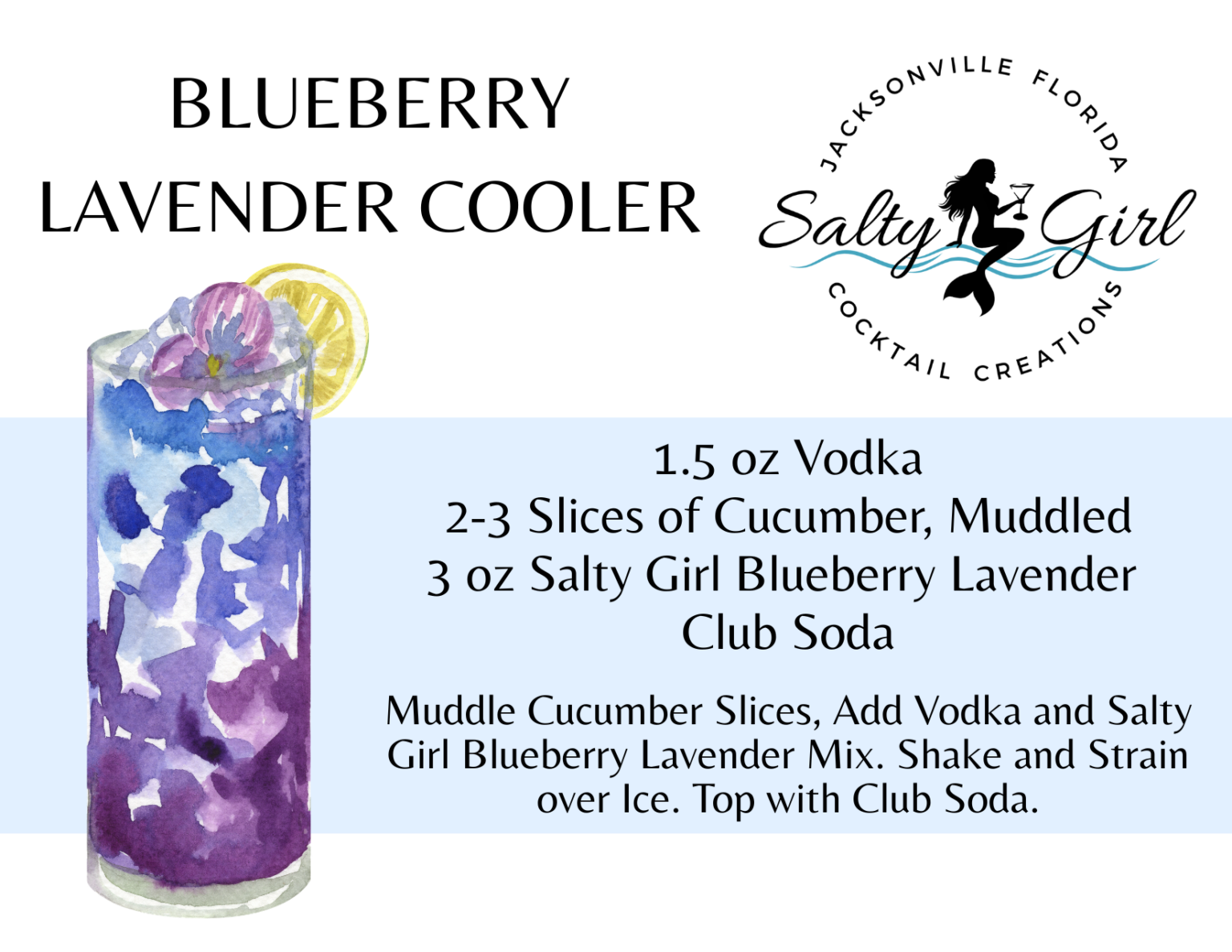 Blueberry Lavender Cooler recipe card – vodka, muddled cucumber, Salty Girl Blueberry Lavender mixer, club soda