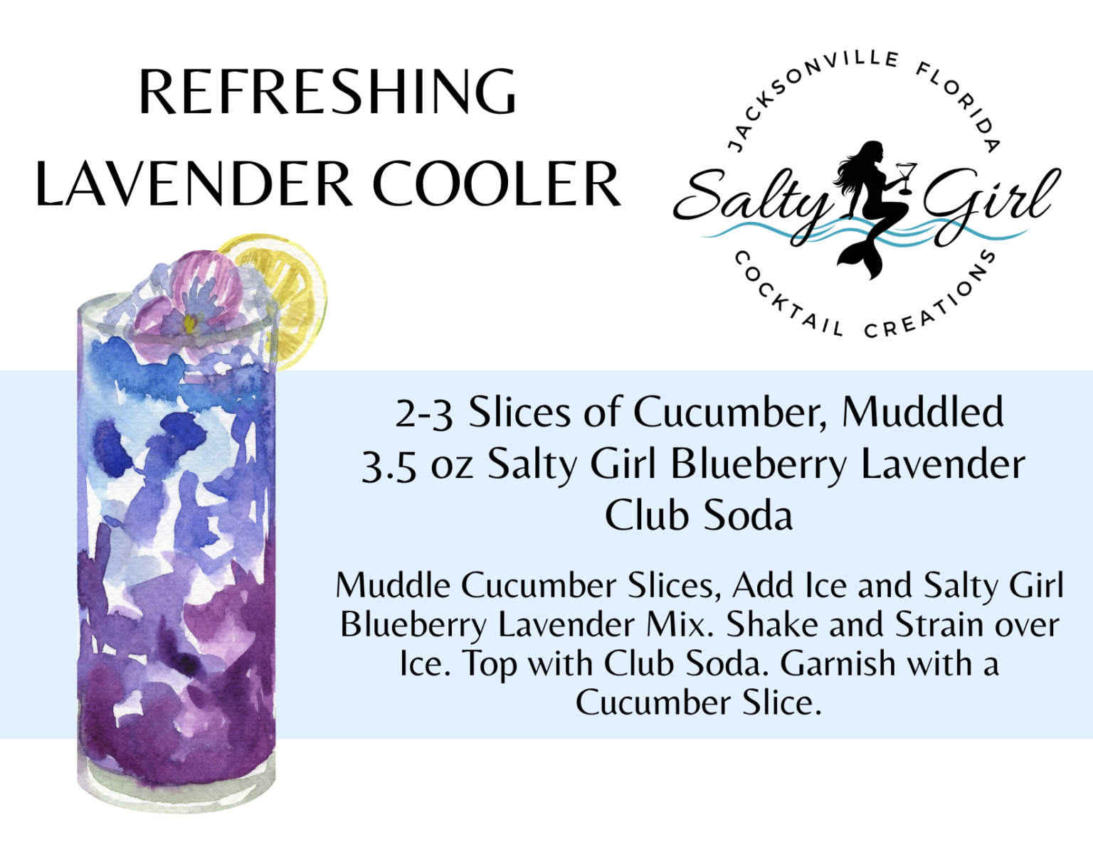 Refreshing Lavender Cooler mocktail recipe card – muddled cucumber, Salty Girl Blueberry Lavender mixer, club soda, non-alcoholic