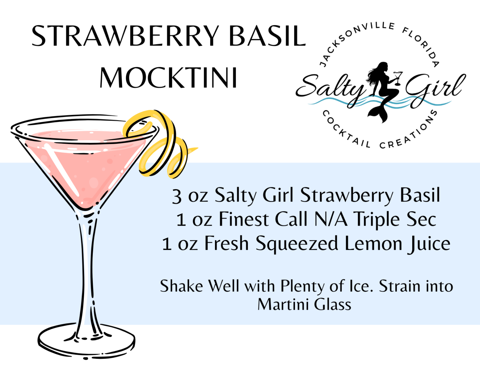 Strawberry Basil Mocktini mocktail recipe card – Salty Girl Strawberry Basil mixer, non-alcoholic triple sec, lemon juice