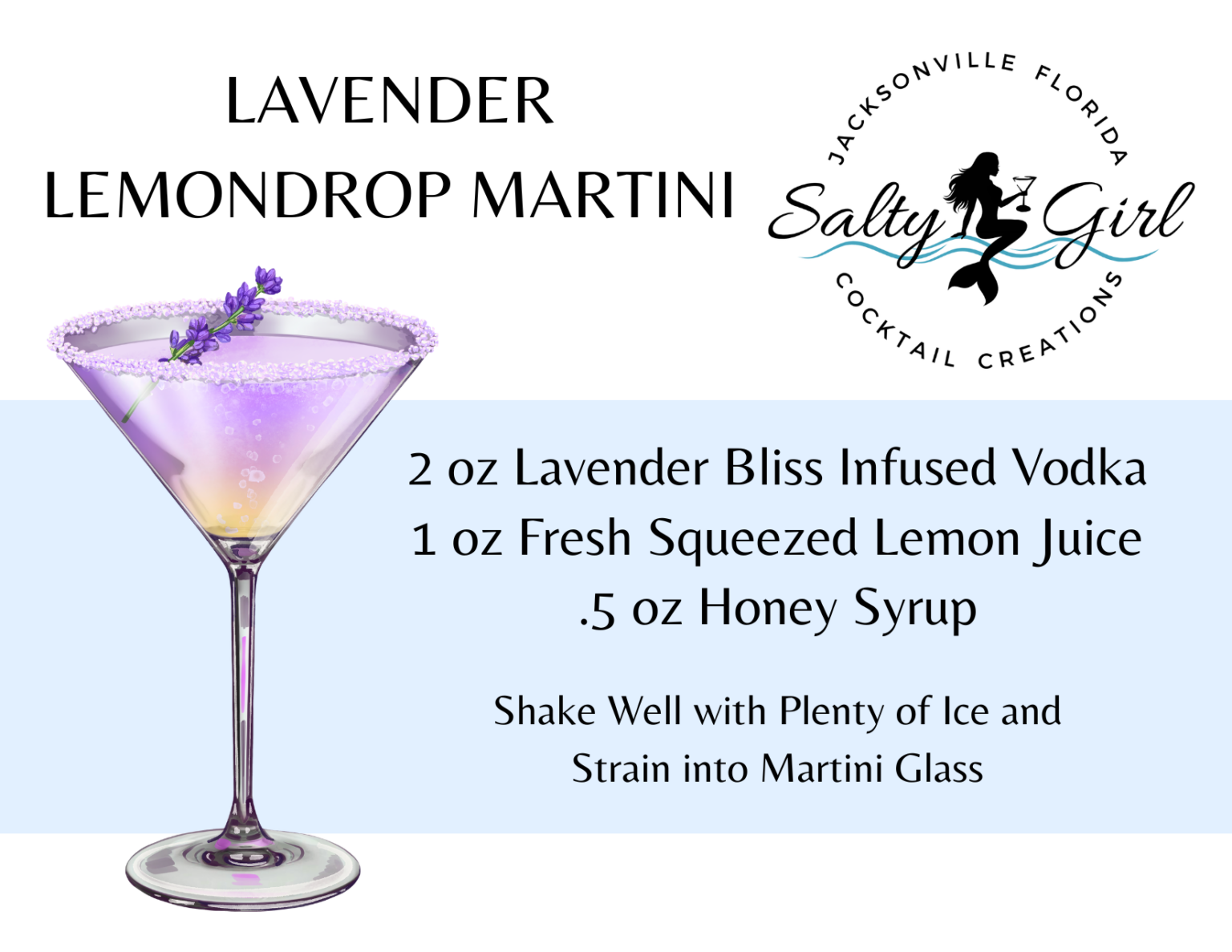 Lavender Lemondrop Martini recipe card – Lavender Bliss infused vodka, lemon juice, honey syrup