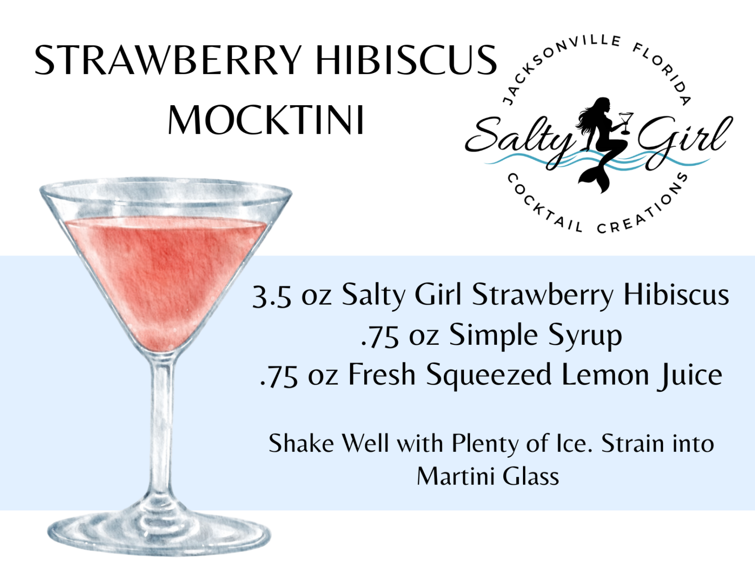 Strawberry Hibiscus Mocktini mocktail recipe card – Salty Girl Strawberry Hibiscus mixer, simple syrup, lemon juice