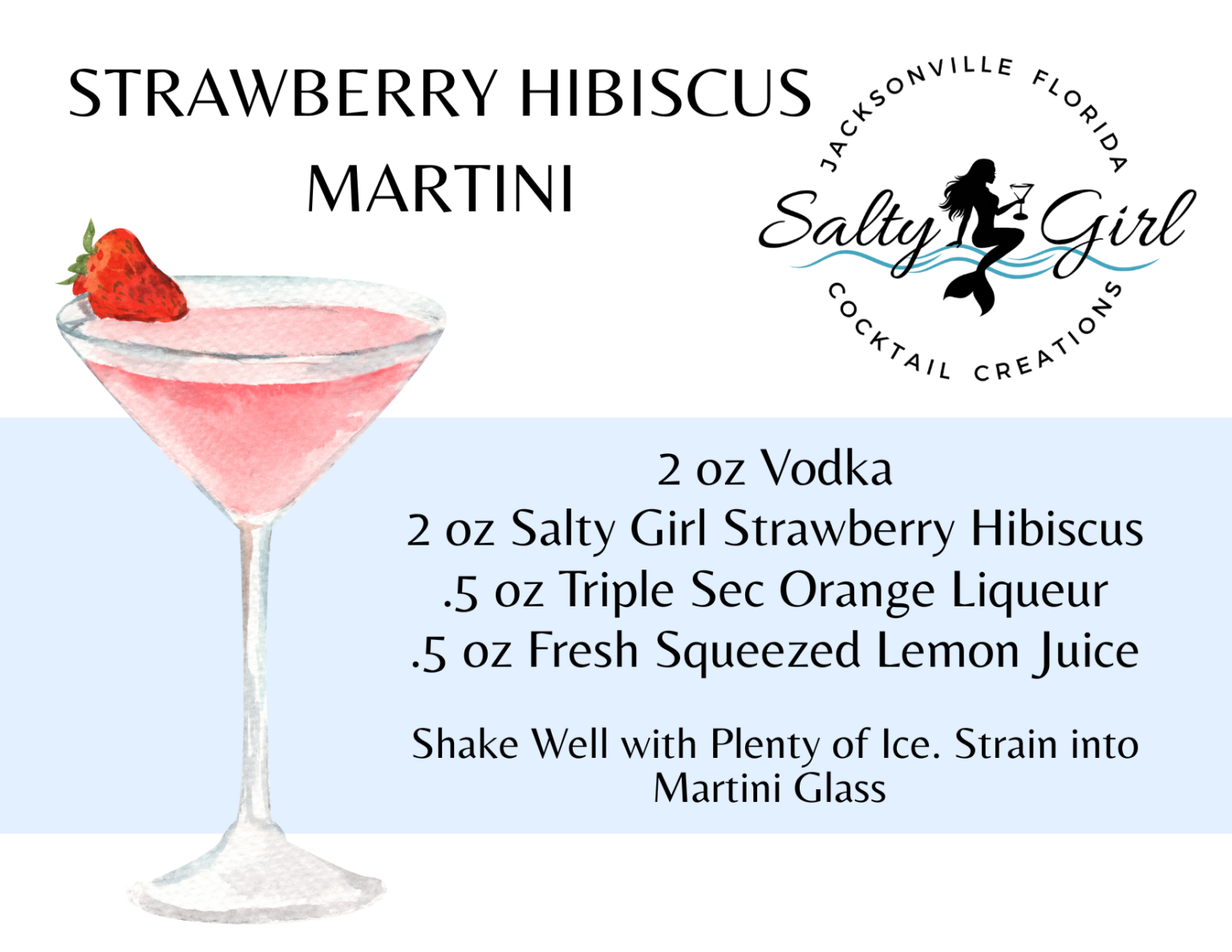 Strawberry Hibiscus Martini recipe card – vodka, Salty Girl Strawberry Hibiscus mixer, triple sec, lemon juice