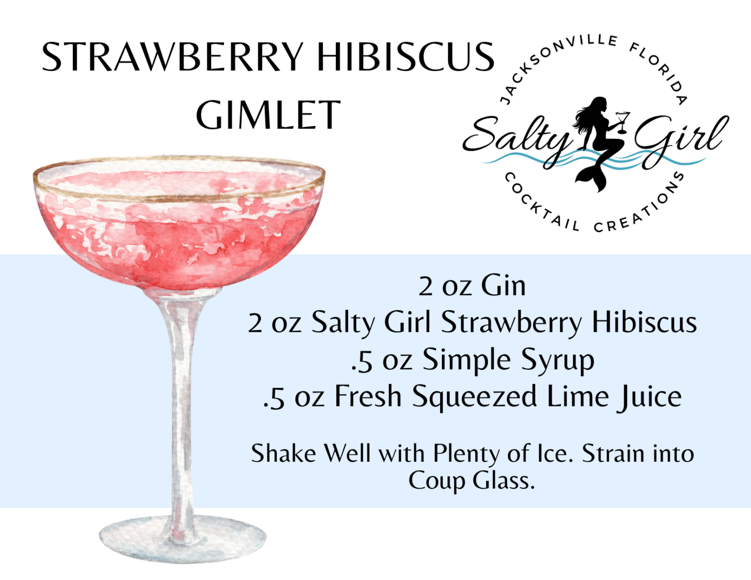Strawberry Hibiscus Gimlet recipe card – gin, Salty Girl Strawberry Hibiscus mixer, simple syrup, lime juice