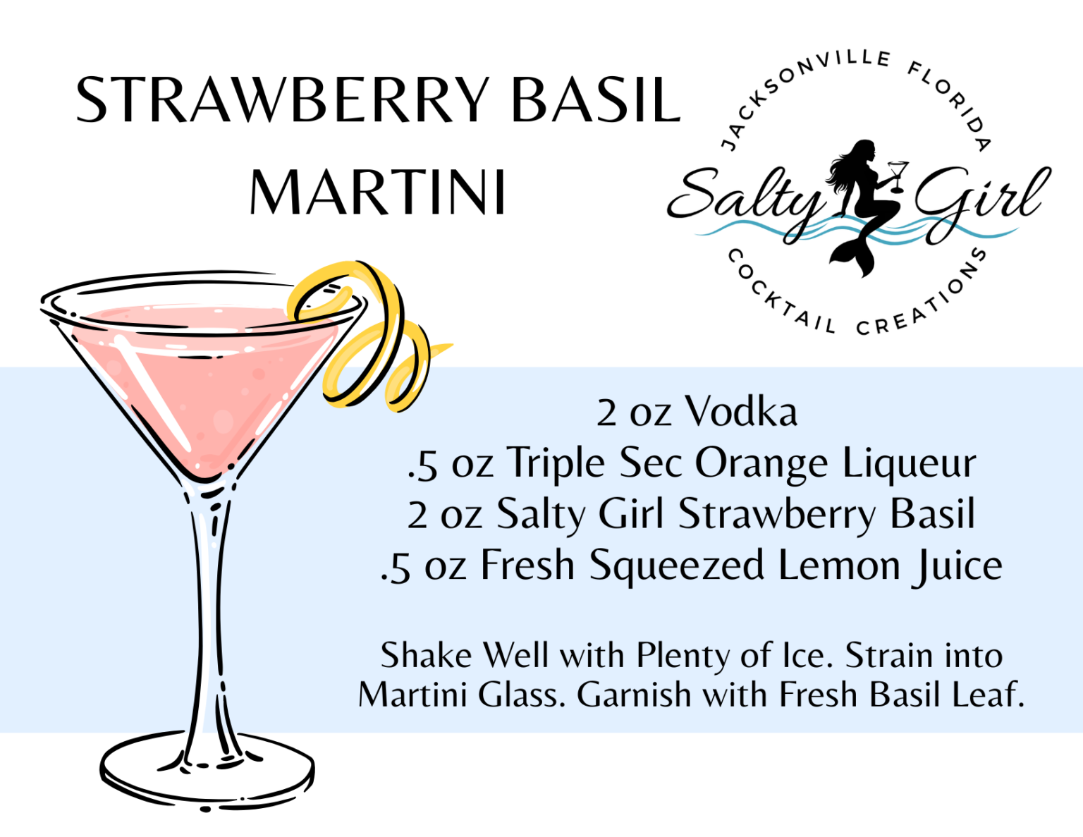 Strawberry Basil Martini recipe card – vodka, triple sec, Salty Girl Strawberry Basil mixer, lemon juice