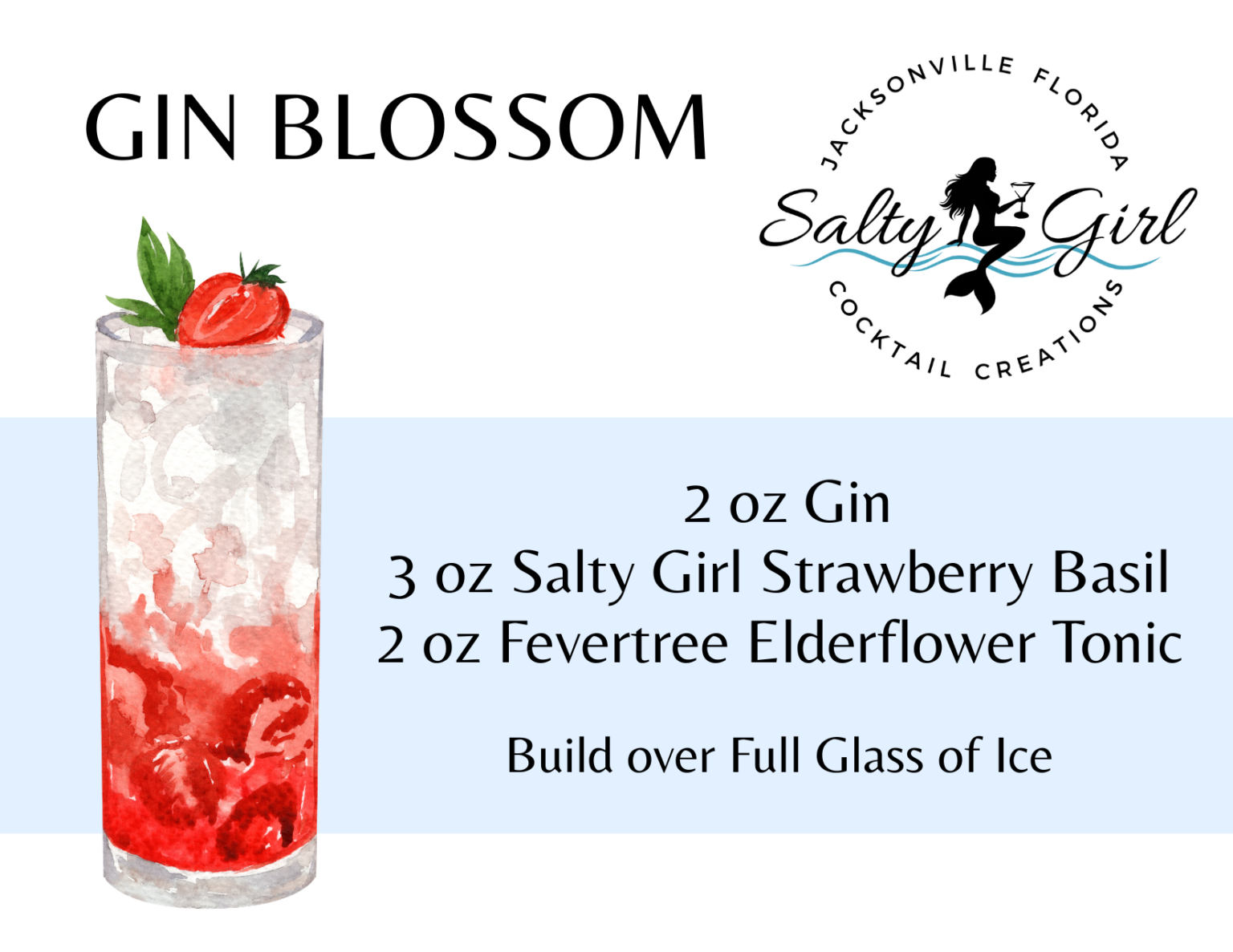 Gin Blossom cocktail recipe card – gin, Salty Girl Strawberry Basil mixer, Fever-Tree elderflower tonic