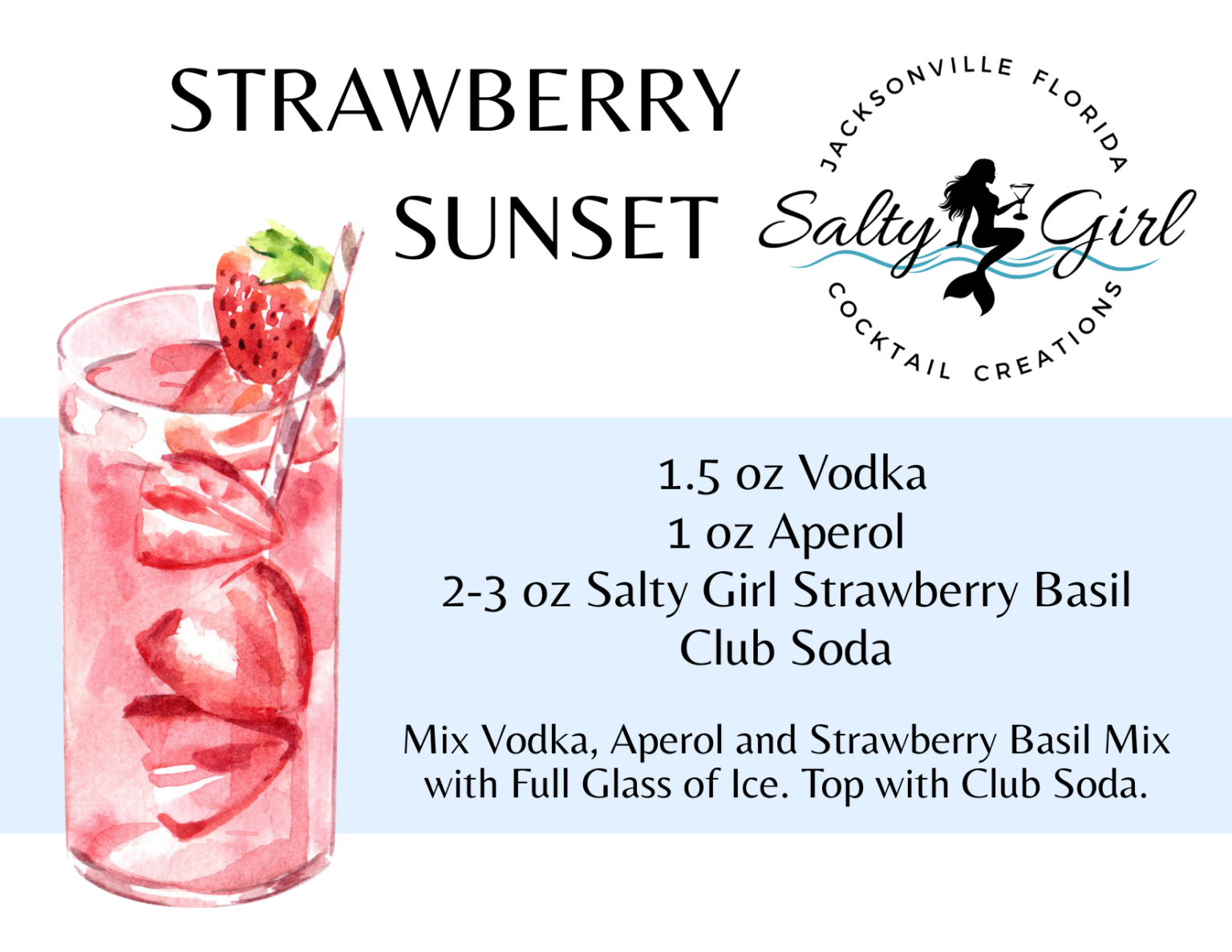Strawberry Sunset cocktail recipe card – vodka, Aperol, Salty Girl Strawberry Basil mixer, club soda