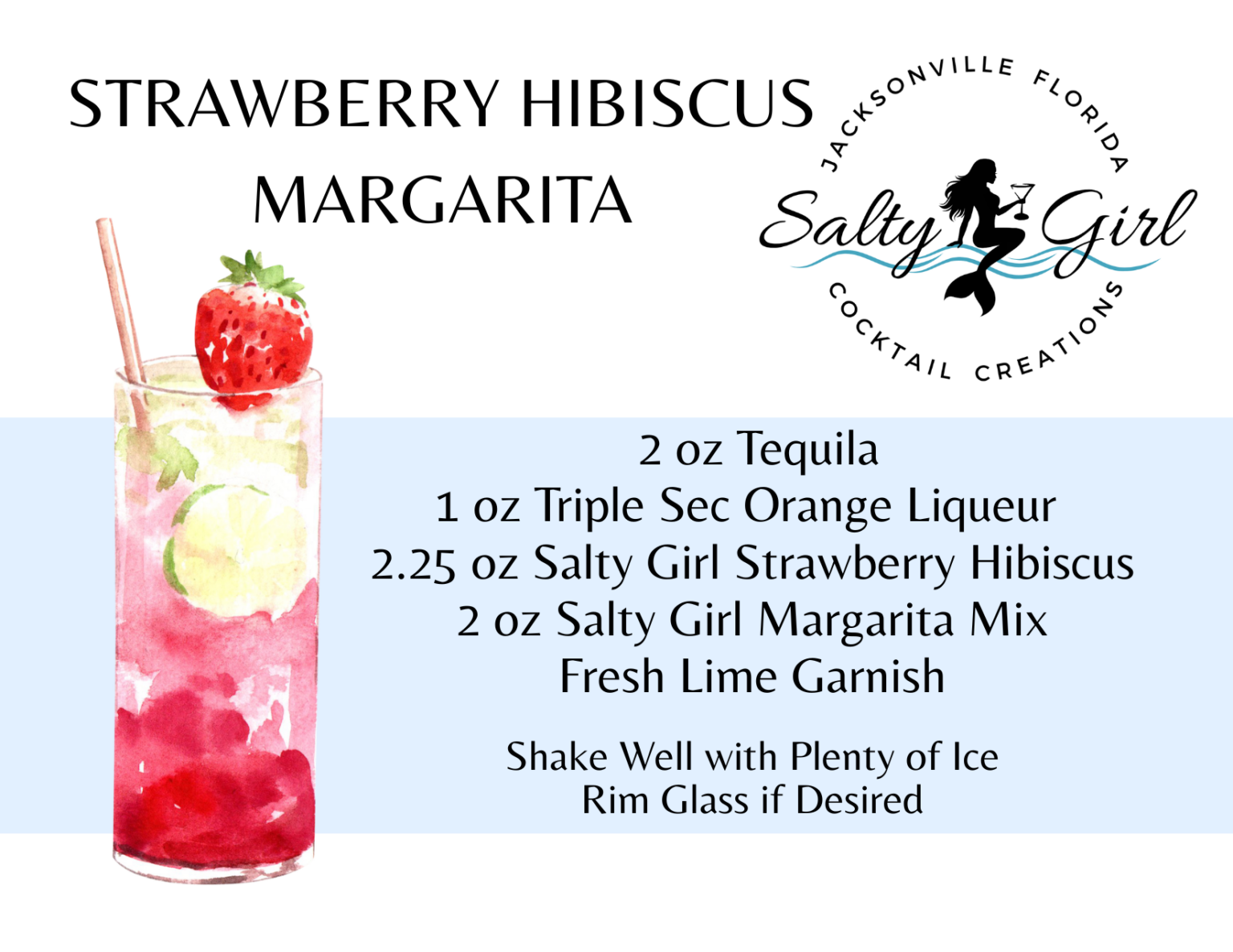 Strawberry Hibiscus Margarita recipe card – tequila, triple sec, Salty Girl Strawberry Hibiscus mixer, Salty Girl Margarita Mix, lime