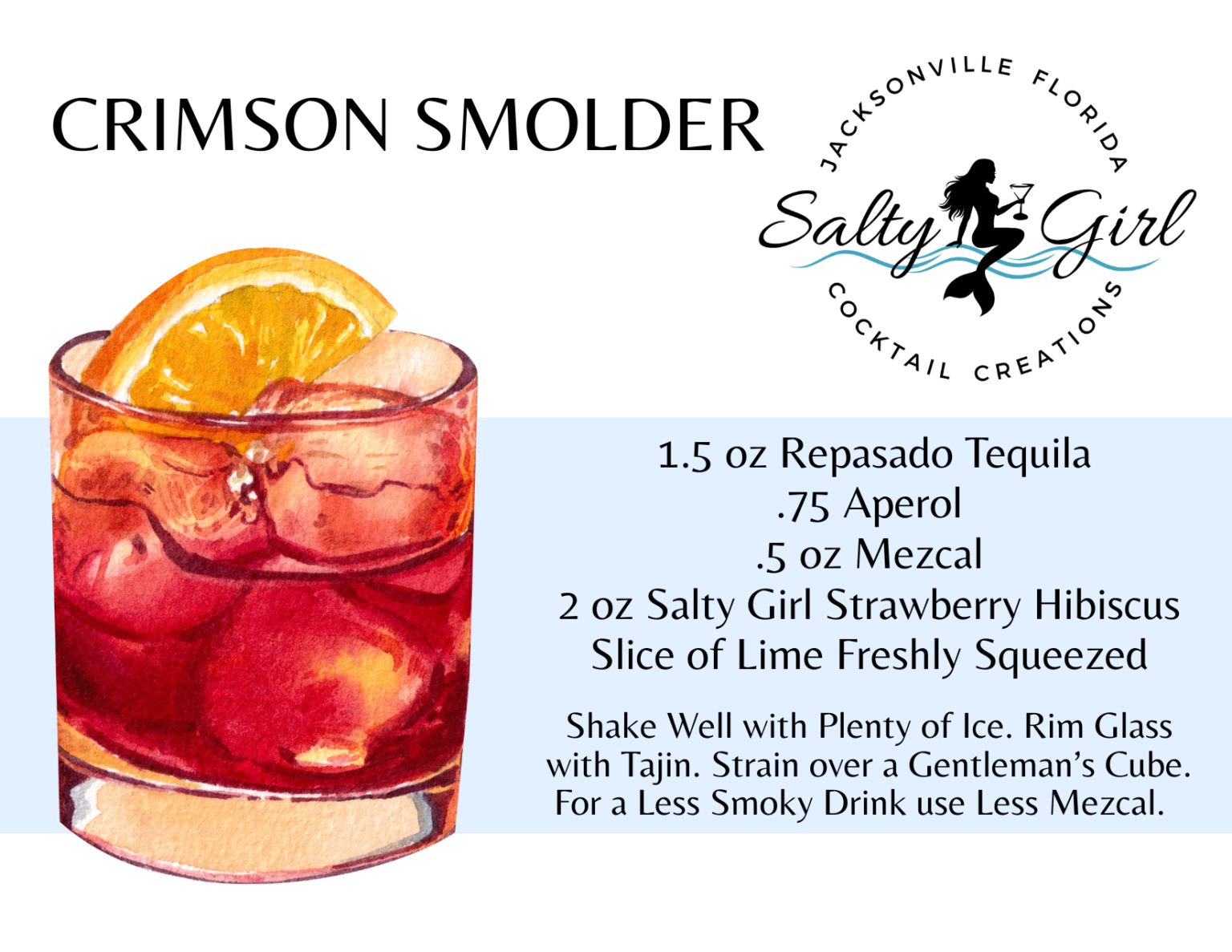 Crimson Smolder cocktail recipe card – reposado tequila, Aperol, mezcal, Salty Girl Strawberry Hibiscus mixer, Tajin rim