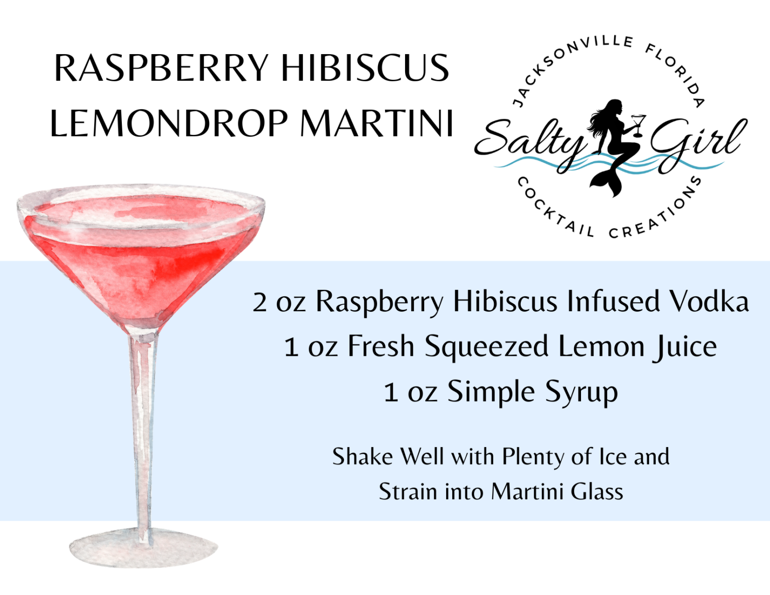 Raspberry Hibiscus Lemondrop Martini recipe card – Raspberry Hibiscus infused vodka, lemon juice, simple syrup