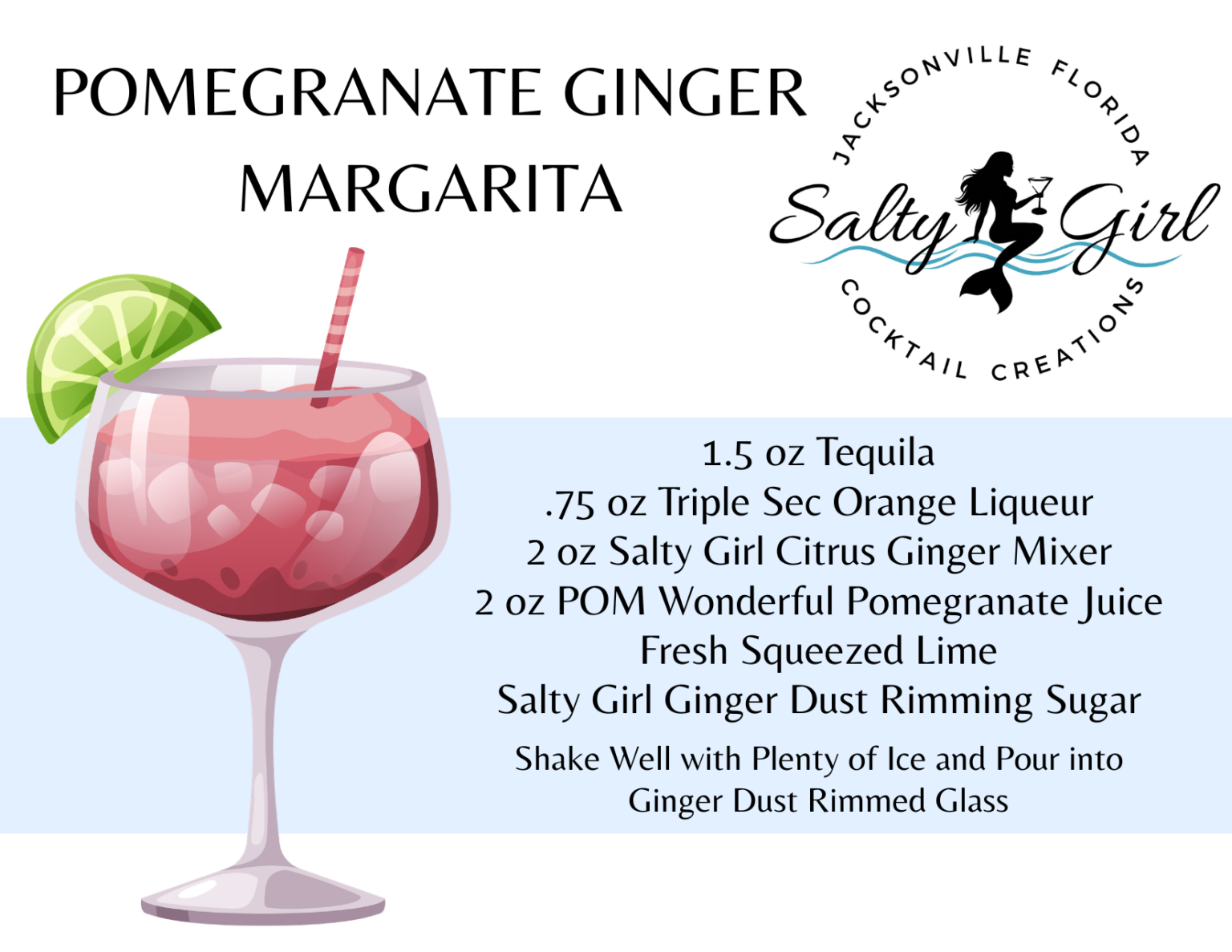 Pomegranate Ginger Margarita recipe card – tequila, triple sec, Salty Girl Citrus Ginger Mixer, pomegranate juice, lime