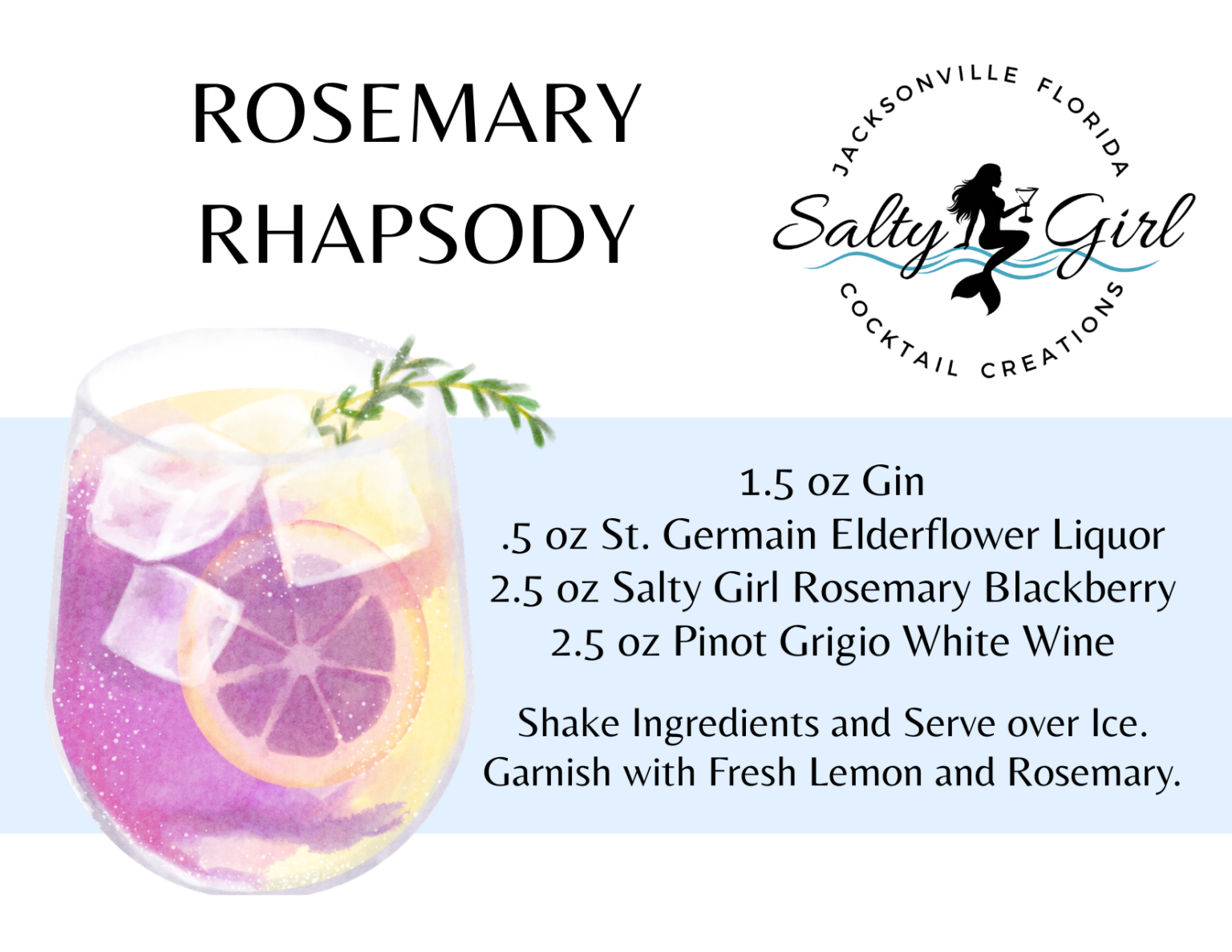 Rosemary Rhapsody cocktail recipe card – gin, St. Germain elderflower liqueur, Salty Girl Rosemary Blackberry mixer, Pinot Grigio
