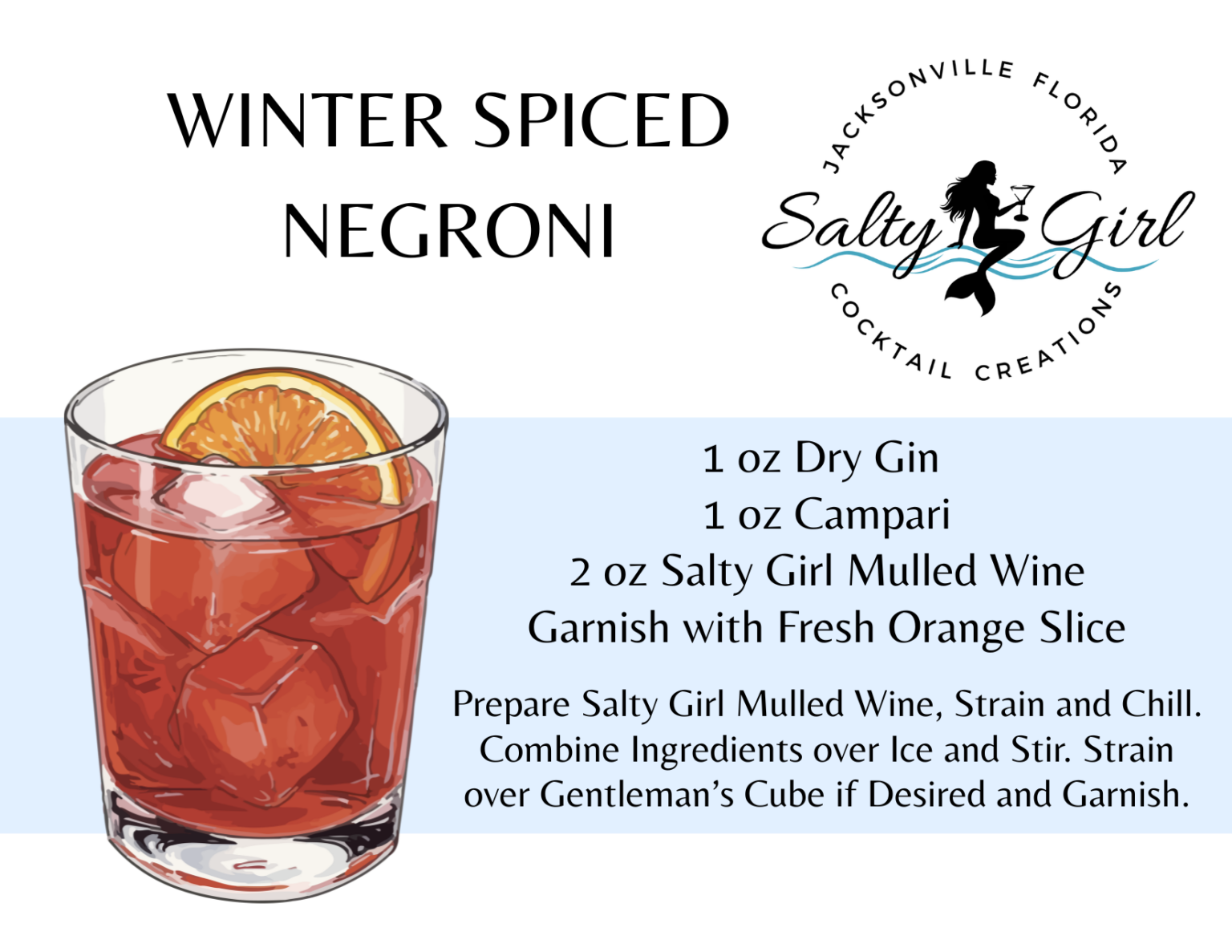 Winter Spiced Negroni recipe card – dry gin, Campari, Salty Girl Mulled Wine, orange