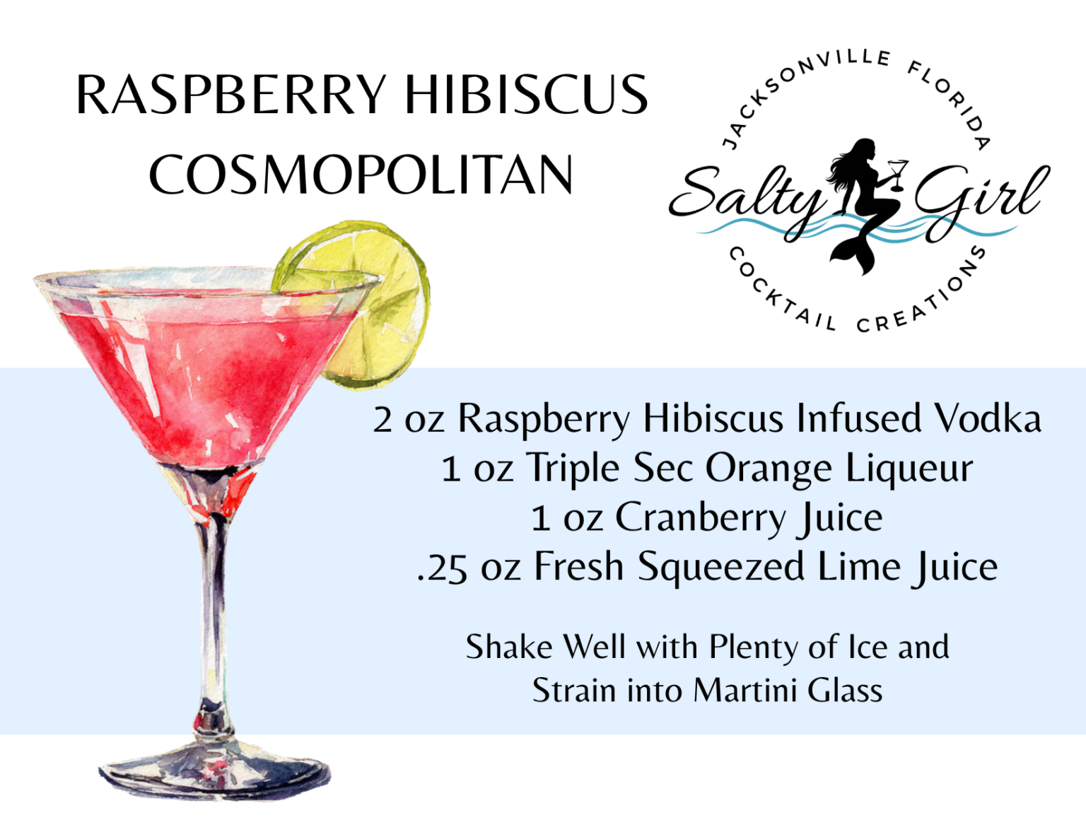 Raspberry Hibiscus Cosmopolitan recipe card – Raspberry Hibiscus infused vodka, triple sec, cranberry juice, lime