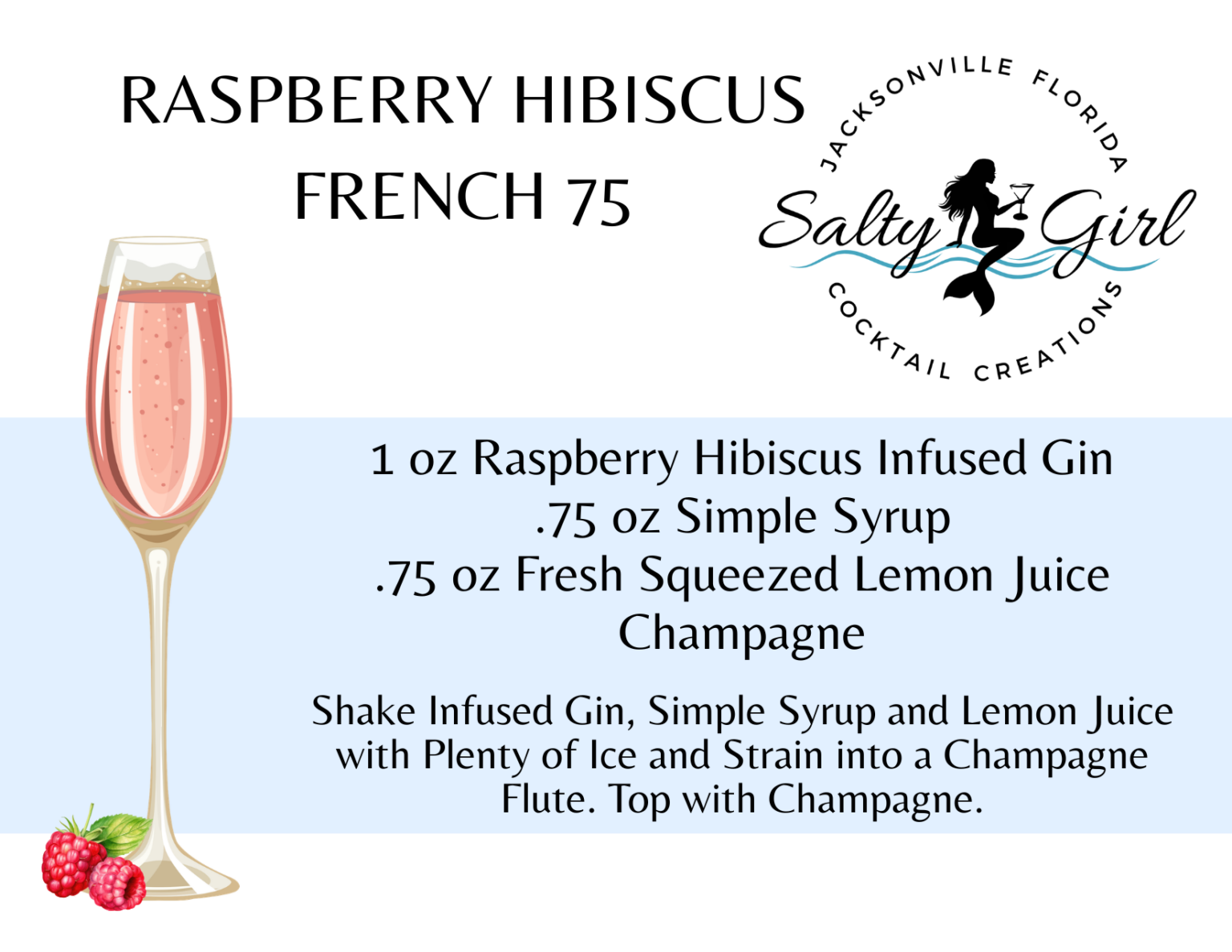 Raspberry Hibiscus French 75 recipe card – Raspberry Hibiscus infused gin, simple syrup, lemon juice, champagne