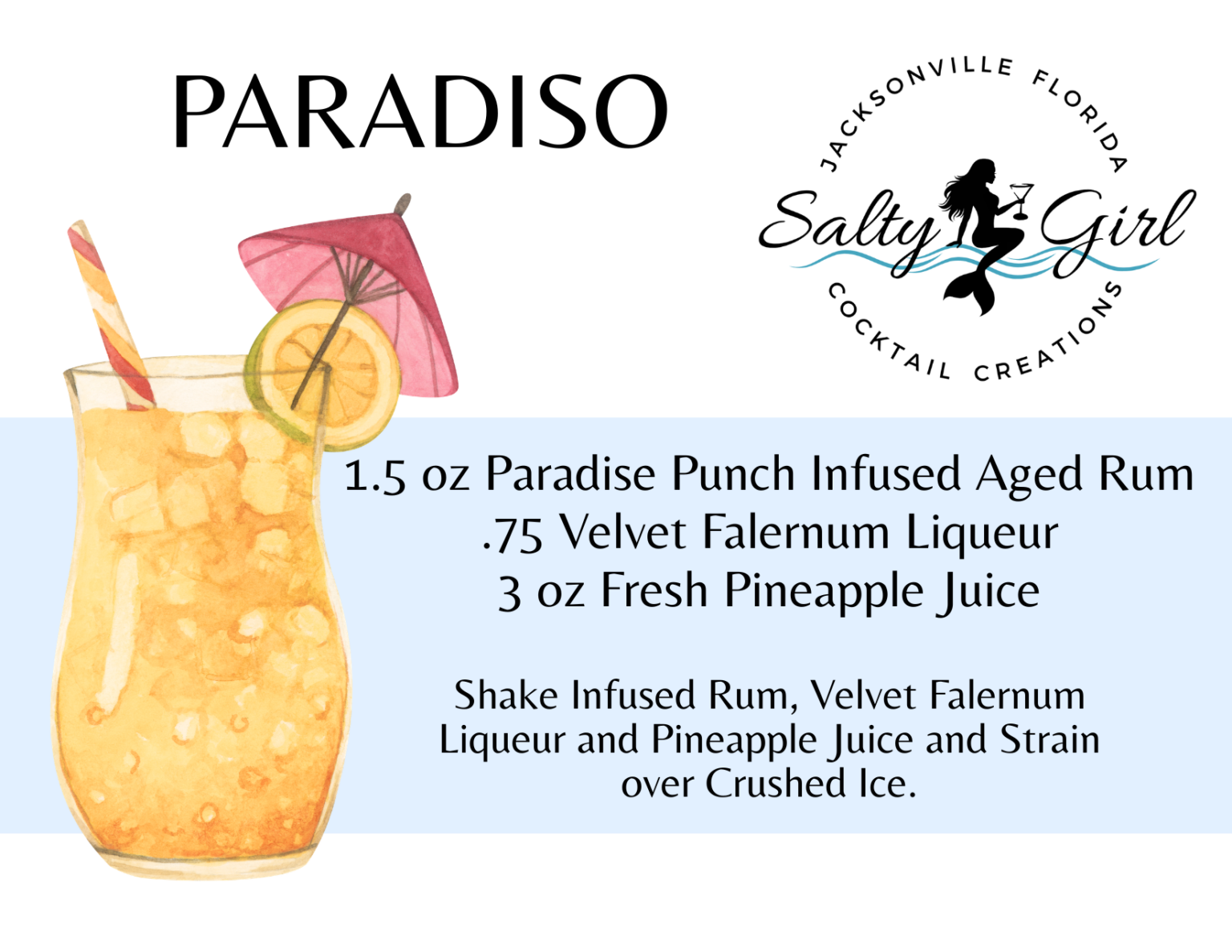Paradiso cocktail recipe card – Paradise Punch infused aged rum, Velvet Falernum, pineapple juice