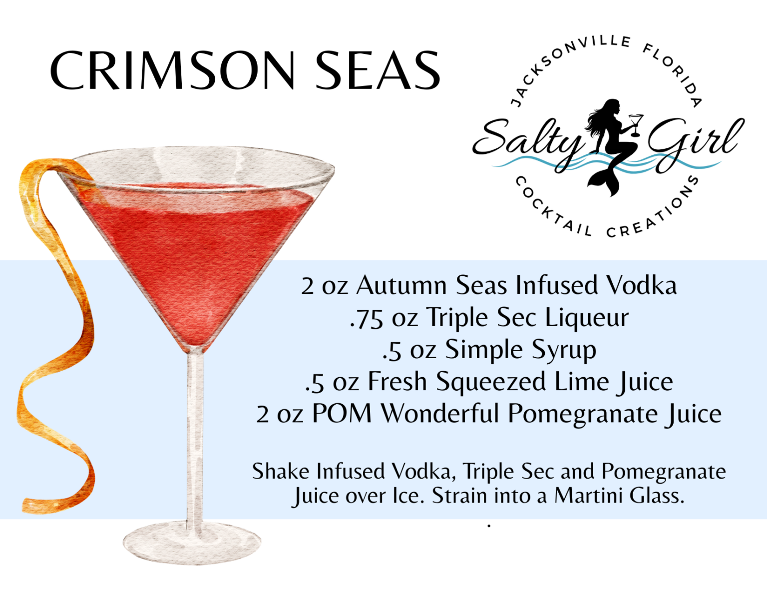 Crimson Seas cocktail recipe card – Autumn Seas infused vodka, triple sec, pomegranate juice, lime